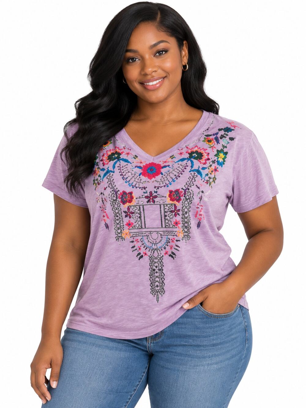 Coeur De Vague Women’s Lavender Boho Embroidered Graphic V-Neck T-Shirt Large